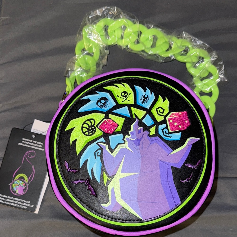 Loungefly Oogie Boogie Purple and Green Villain Themed Round Crossbody Bag